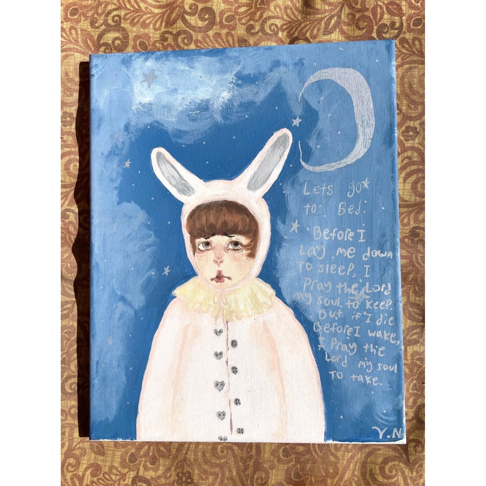 Original Painting 11X14 Low Brow "Now I lay Me Down To Sleep" Wall Art Whimsical